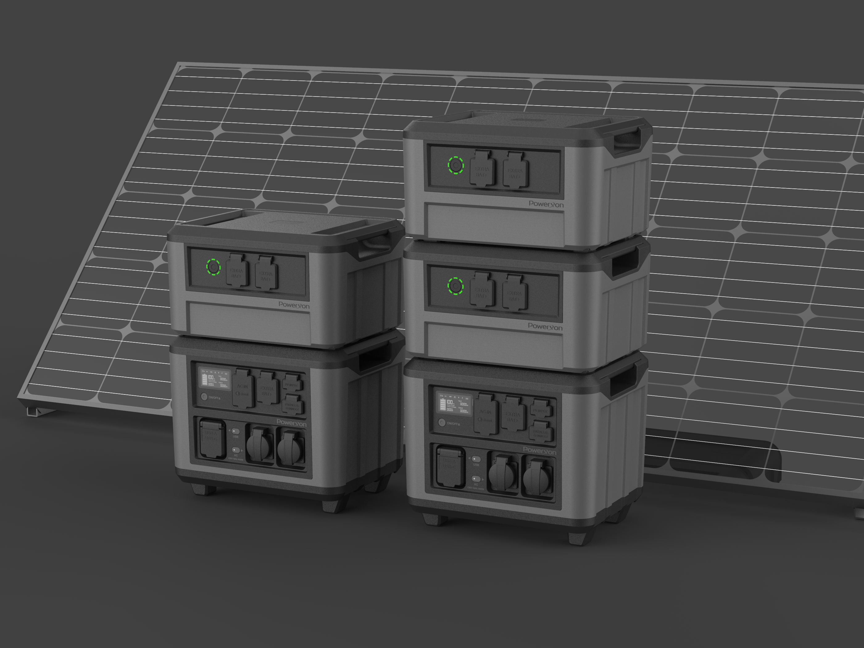 PowerXon portable power station with extra battery modules and solar panel