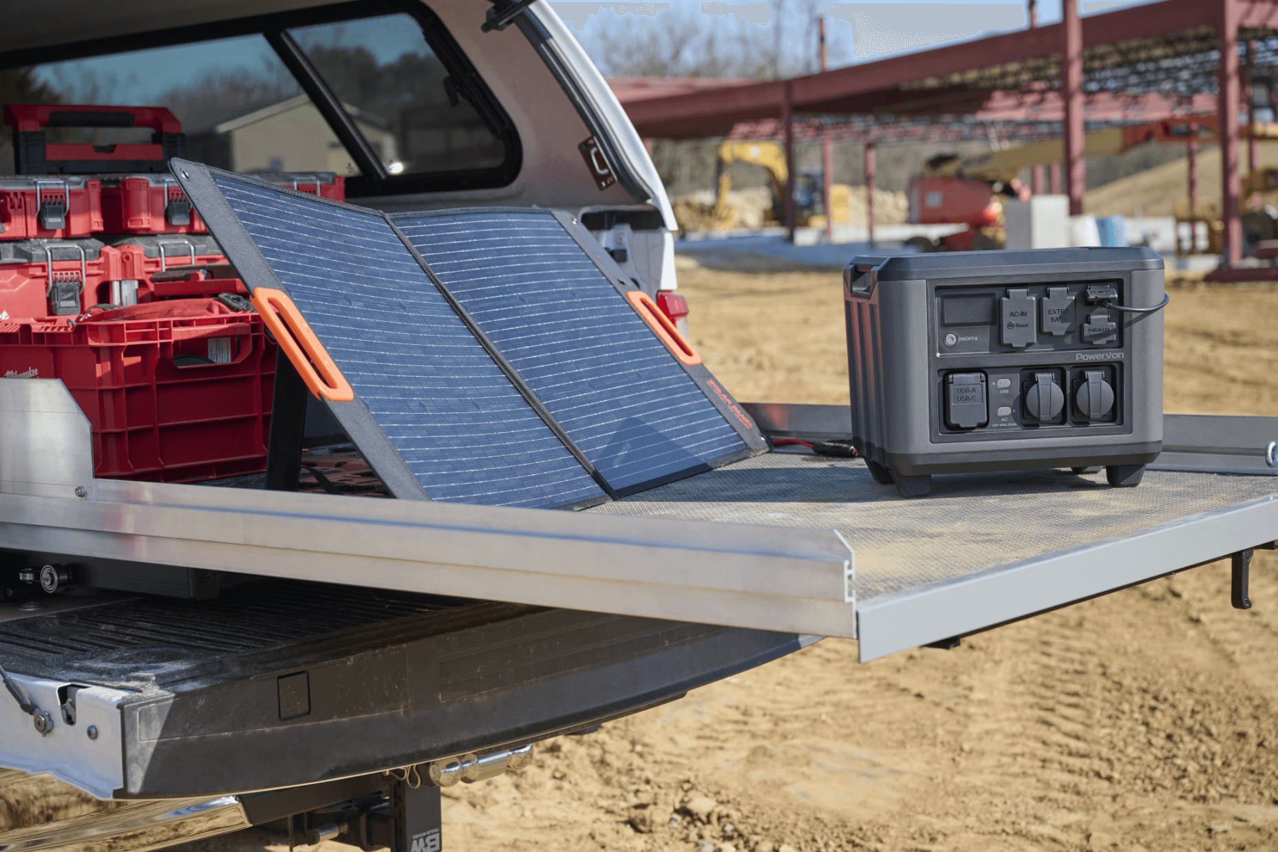 PowerXon portable power station charged by a solar panel